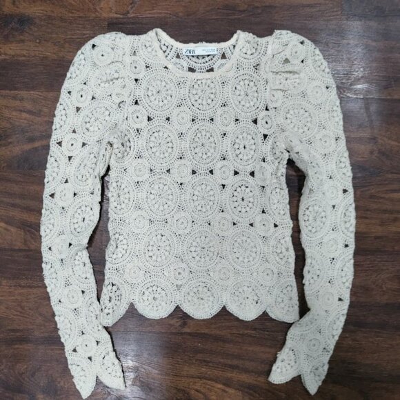 Zara Womens Cream Crochet boho Lace Long Sleeve Top S - Picture 9 of 9